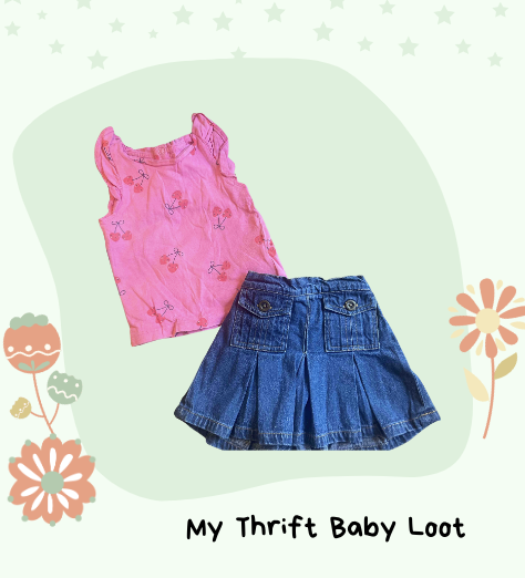 Preloved like new pink top and denim skirt 6-12 months
